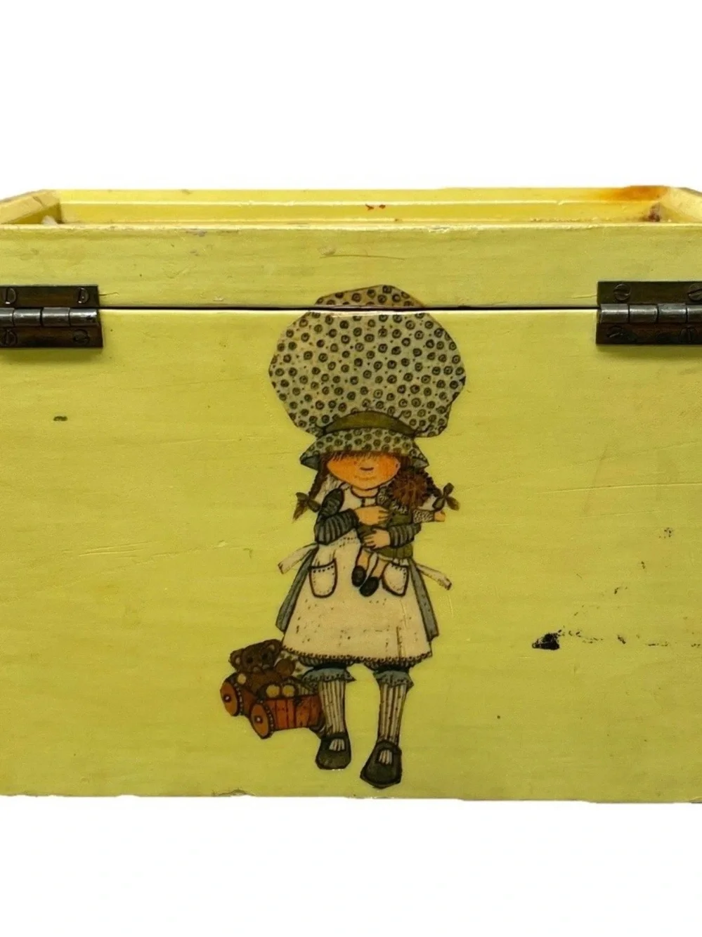Vintage 1972 Signed Sadie Decoupage Wooden Box Bonnet Girl & Cat Cottagecore